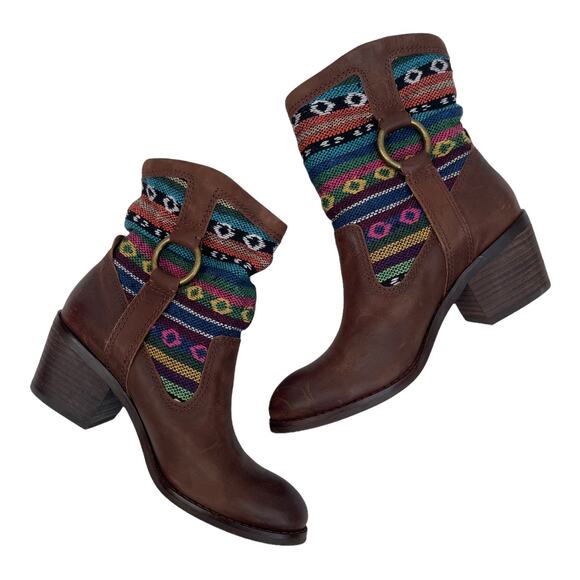 Lucky Brand Boxer Brown Santiago Rustic Native Fabric Leather Heel Boots Size 8 - Picture 8 of 8